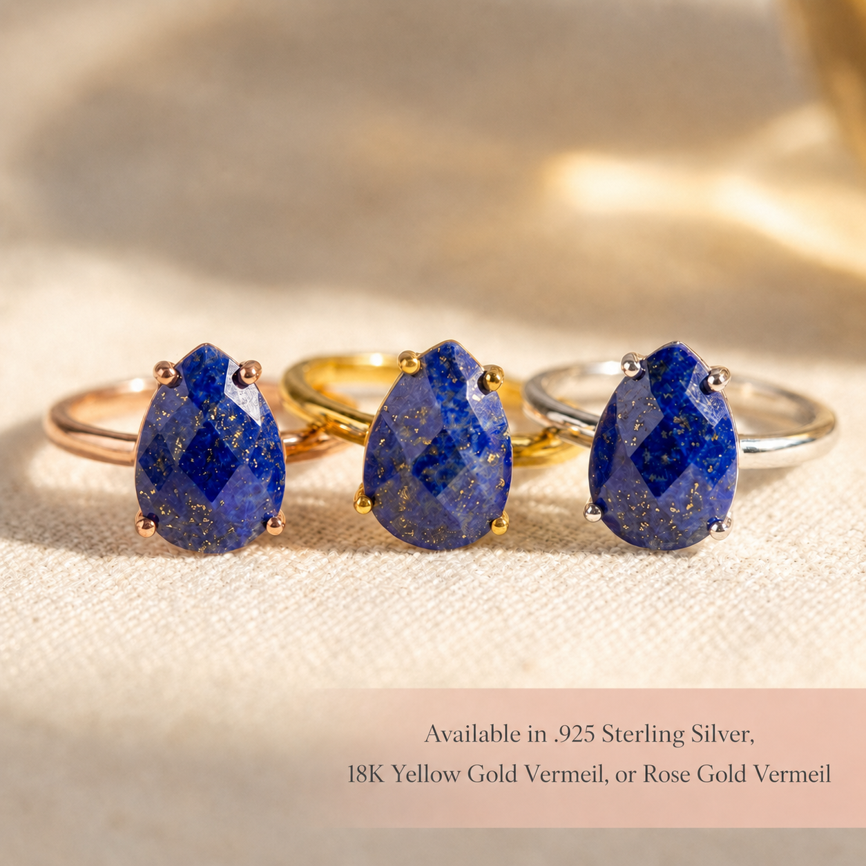 Lapis lazuli teardrop ring shown in gold, silver, and rose gold settings with natural blue gemstone options.