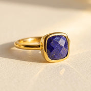 Lapis lazuli cushion ring in gold bezel setting, deep blue gemstone ring with square shape, elegant statement ring for women