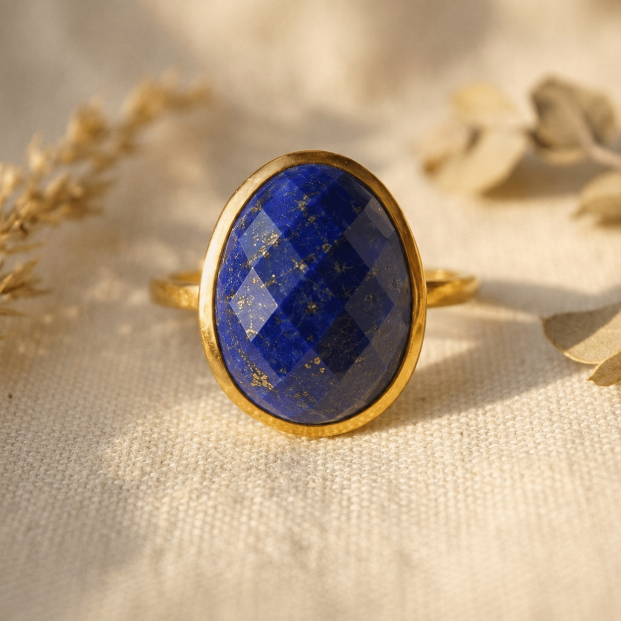 Oval faceted lapis lazuli ring in yellow gold vermeil with deep blue September birthstone
