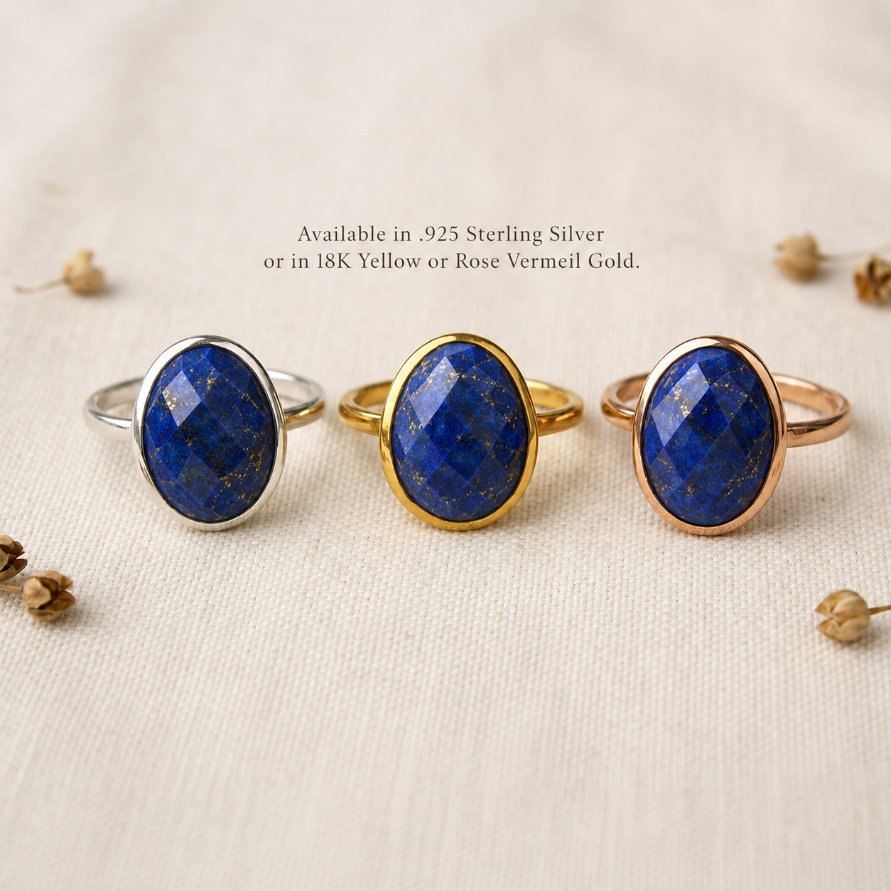 Oval lapis lazuli rings in sterling silver, yellow gold vermeil and rose gold vermeil