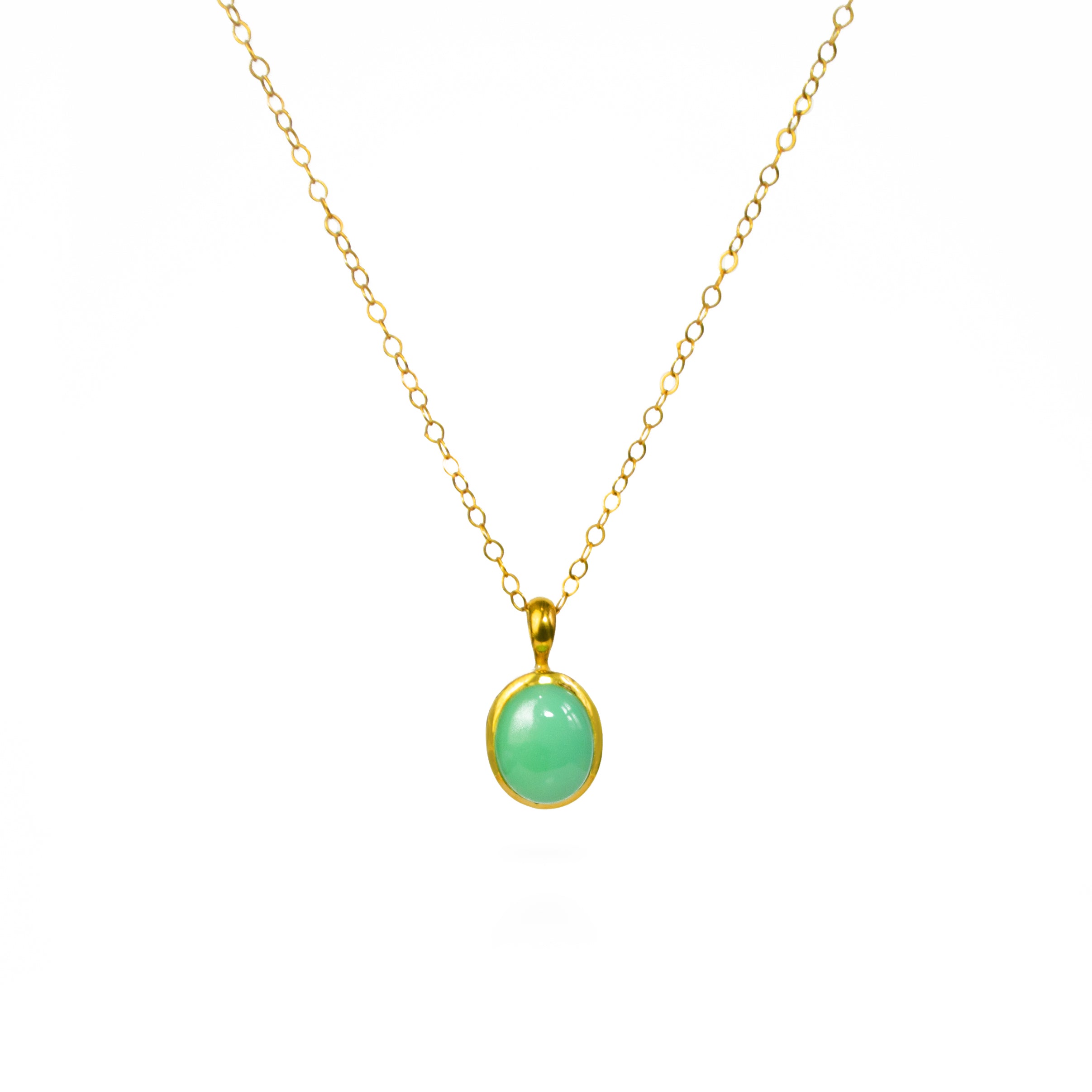 A Mint Green Chrysoprase cabochon necklace in vermeil gold hangs on a Gold Filled Cable Chain against a white background. Shimmering Golden Mint Green Chrysoprase Necklace, Dainty Gold Gemstone Necklace