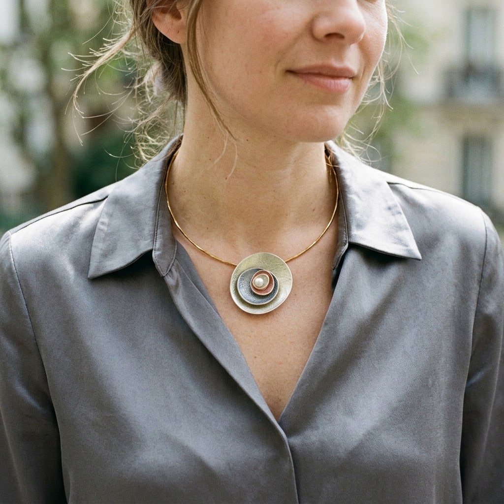 Woman wearing Ocean Breeze Sculptural Halo pendant necklace with gray satin blouse

