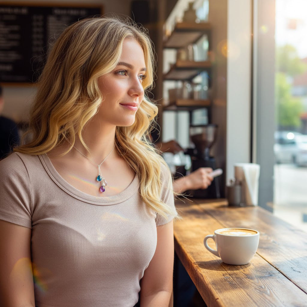 Woman wearing a personalized teardrop lariat birthstone necklace in gold with bezel-set aquamarine March birthstone. A custom family necklace ideal for moms, grandmothers, or wives. Unique handmade jewelry with natural gemstones in sterling silver, gold, or rose gold. Perfect for Mother’s Day, birthdays, or Christmas as a sentimental gift that represents children, family bonds, and love.