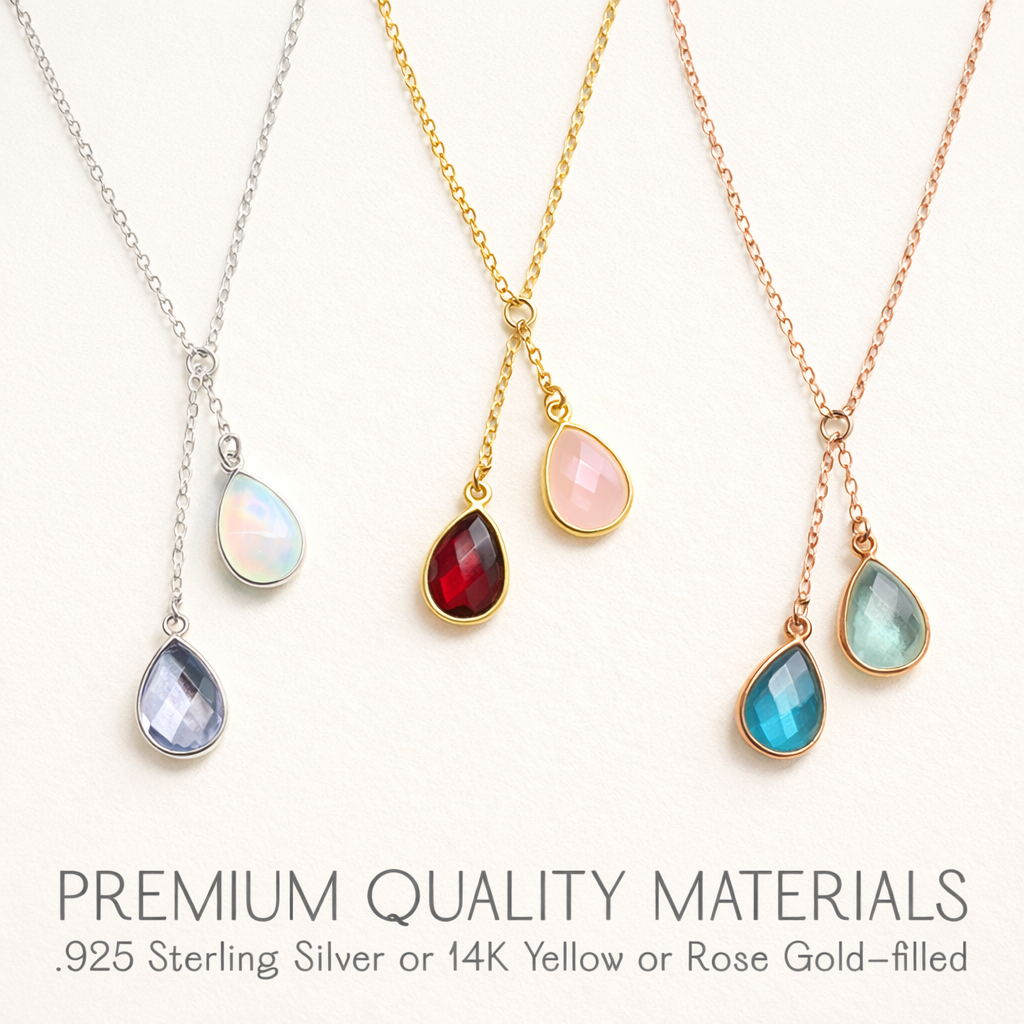 Premium quality, hypoallergenic jewelry photo showing pear-shaped birthstone pendants in mixed metals: nickel-free .925 sterling silver, 14k yellow gold-filled, and 14k rose gold-filled. Faceted teardrop gemstones—opalite, iolite blue, amethyst purple, deep garnet, blush rose quartz, and aqua teal—are bezel-set for a sleek, modern look. Perfect for color-pop layering, minimalist fine jewelry lovers, and women’s gift ideas for birthdays, anniversaries, or everyday Y-necklace styling.