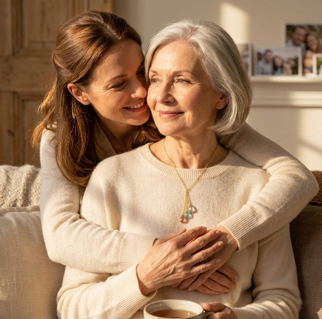 Mother hugging grandmother wearing a personalized birthstone necklace, meaningful family jewelry gift for grandma, elegant custom gemstone necklace lifestyle photo