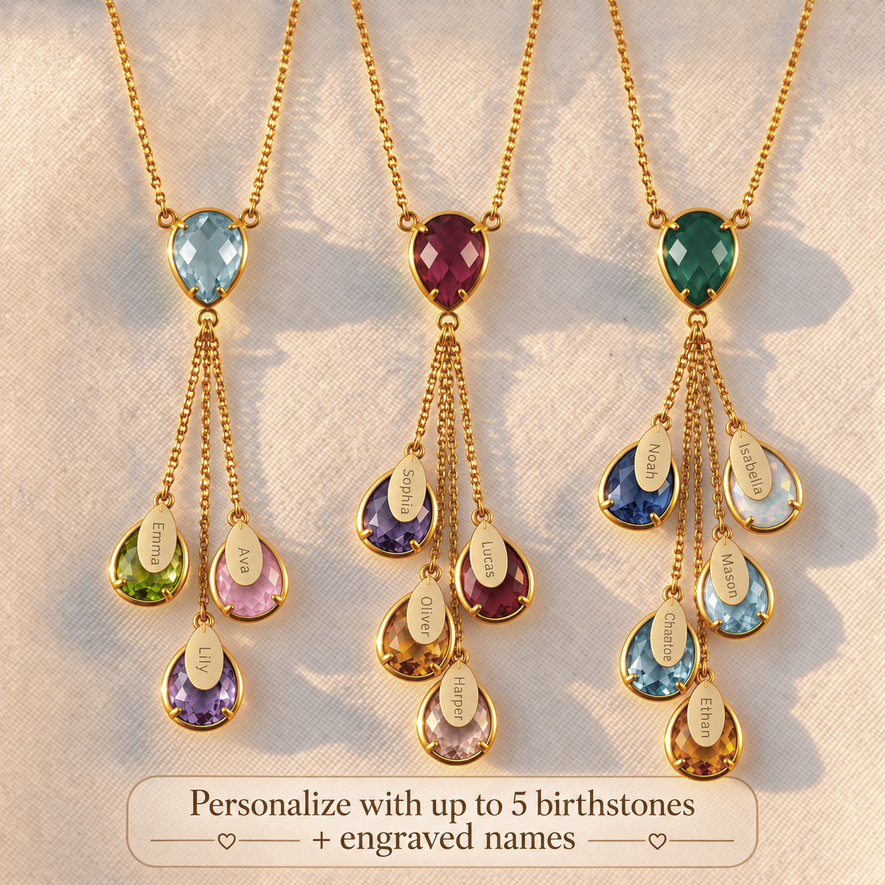 Three personalized lariat necklaces with different top birthstones and up to five engraved kids name charms