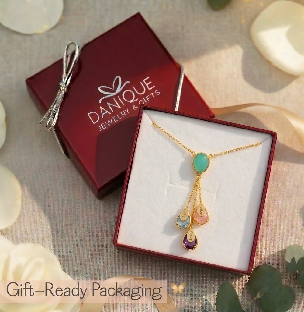 Personalized lariat birthstone necklace in Danique Jewelry gift box
