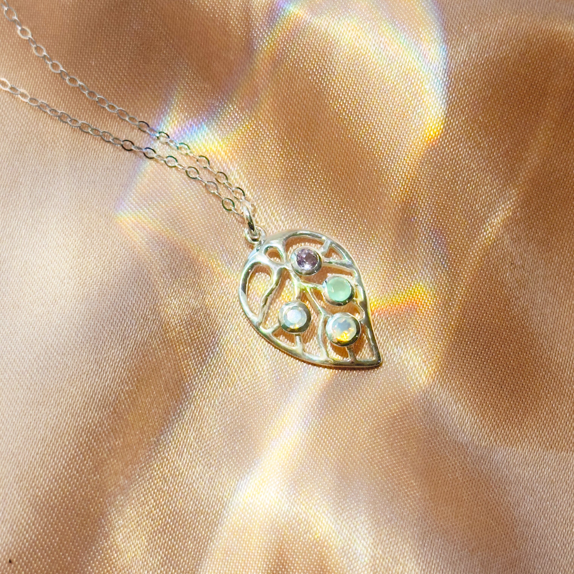 Custom Leaf Pendant Birthstone Necklace, Sterling Silver, Rose Gold, Gold Vermeil Necklace for Mom, Nature Inspired Plant Necklace with Gemstones