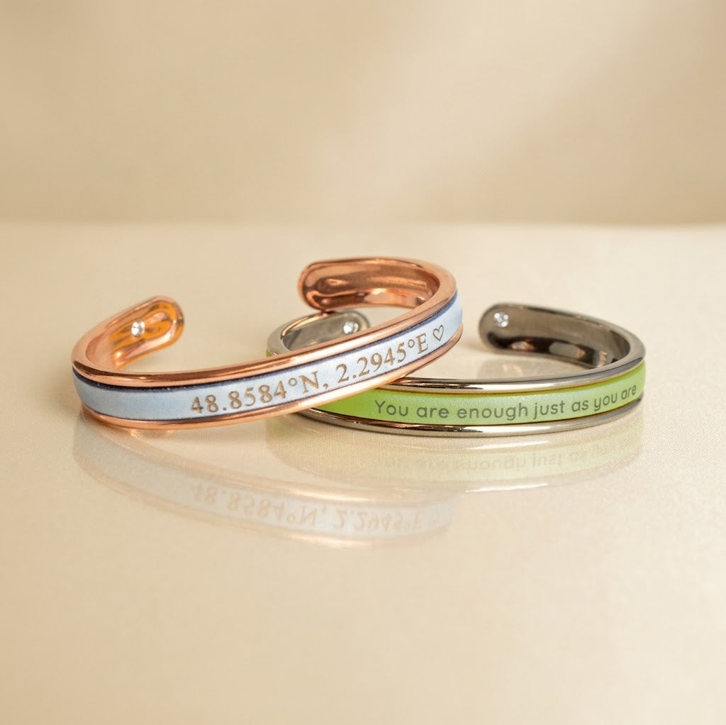Custom engraved leather cuff bracelets in multiple colors and metal finishes
