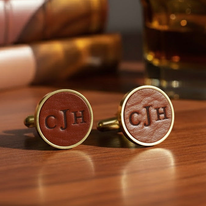Personalized leather cufflinks with custom embossed initials “CJH” in warm brown leather set in round gold-tone settings, stylish monogram wedding cufflinks for groom or groomsmen, sophisticated accessory for suits and tuxedos, unique Father’s Day, anniversary or graduation gift for him.