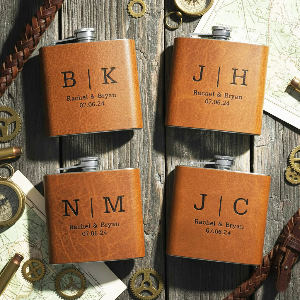 Personalized leather flasks set engraved with initials and wedding date, custom brown whiskey hip flasks on rustic wood background, unique groomsmen gifts, best man or groom gift idea, custom barware for bourbon or scotch lovers, bachelor party favors