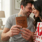 Custom engraved natural leather flask Valentine’s Day gift for him, romantic couple exchanging personalized whiskey flask, engraved leather hip flask with funny Valentine quote, unique boyfriend husband gift, anniversary or Valentine present, handcrafted keepsake for men