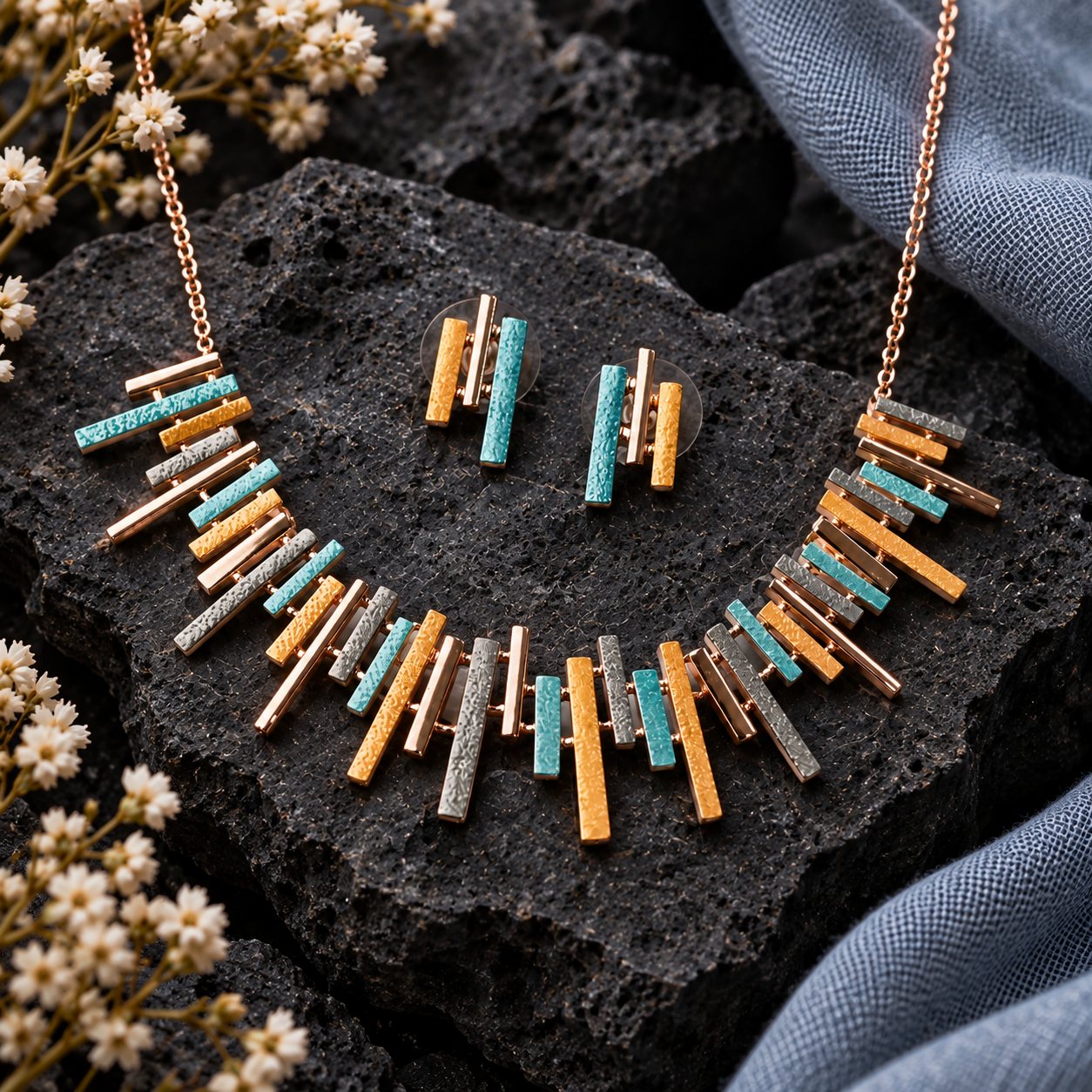 Boho Sunray necklace and matching geometric stud earrings displayed on dark textured stone

