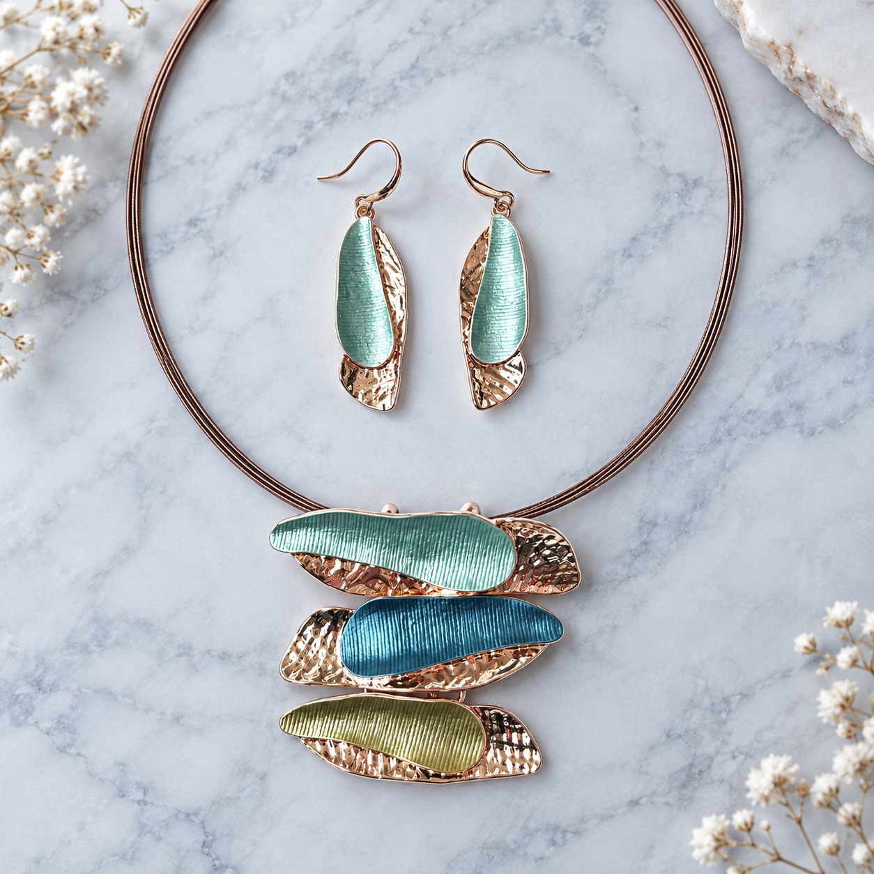 Boho triple barrette necklace and matching drop earrings in aqua blue olive and rose gold


