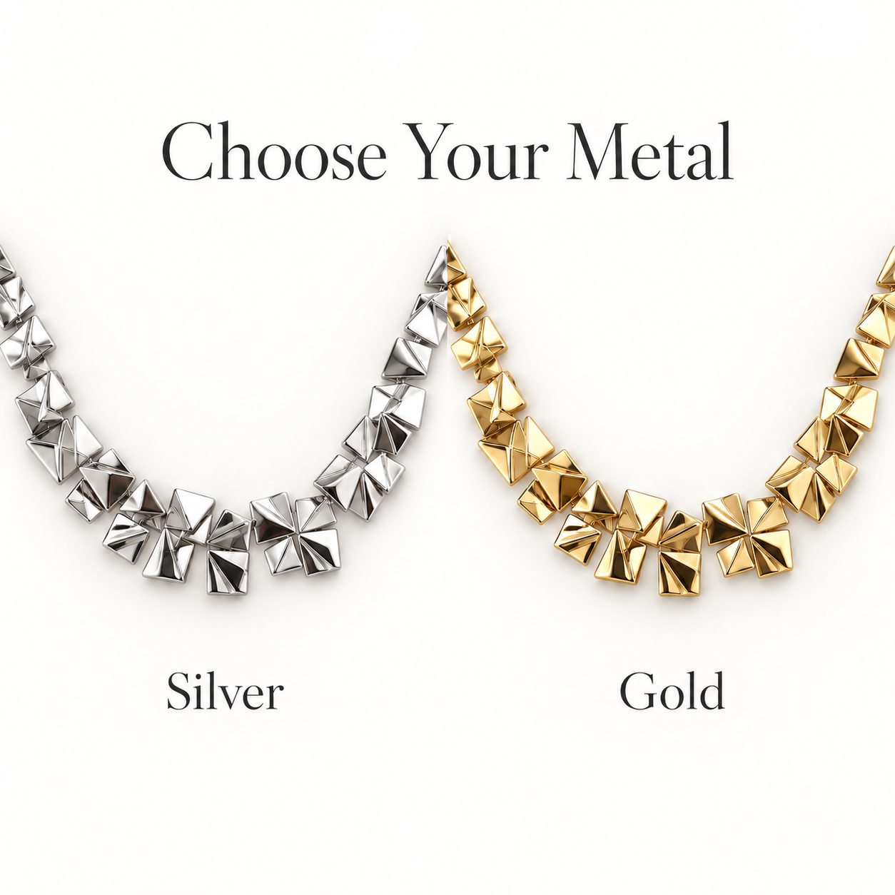 Geometric pyramid necklace metal options in Silver and Gold
