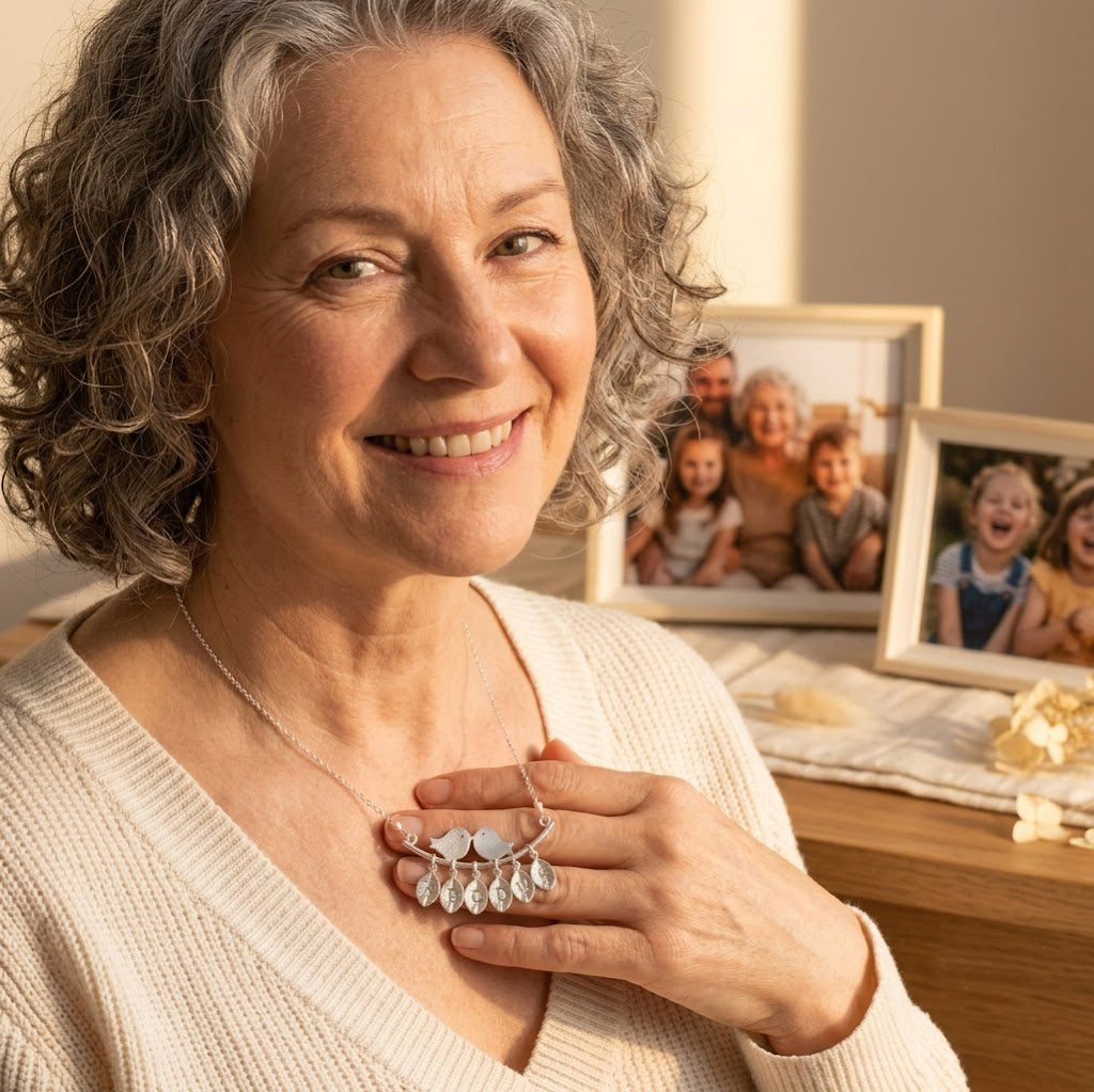 Grandmother wearing a personalized lovebirds necklace beside framed family photographs.