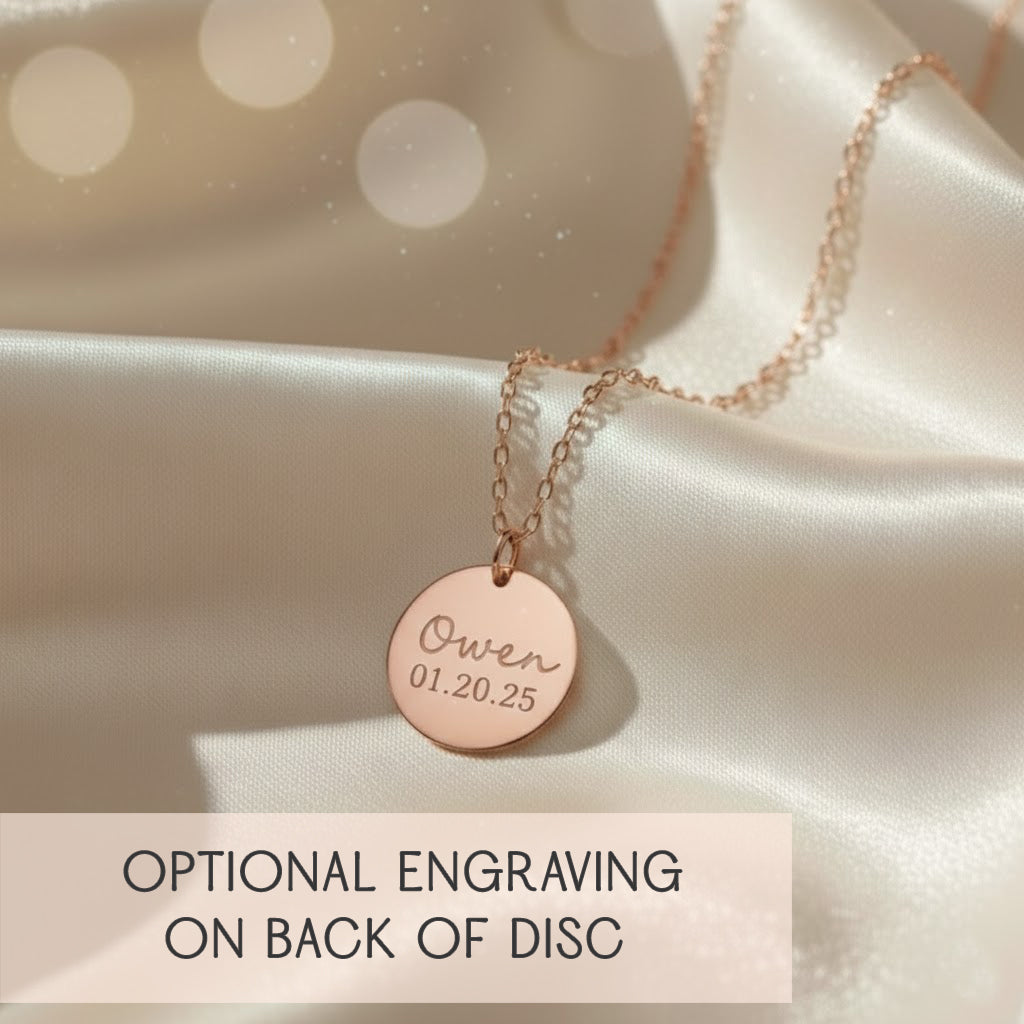 rose gold mama necklace with round disc pendant shown with optional back engraving, personalized with child name “Owen” and birthdate 01.20.25; custom engraved mom necklace available in 14k gold filled, rose gold filled, or sterling silver with front “mama” and children’s birthstones; meaningful keepsake for new moms and grandmas, perfect Christmas gift, baby shower gift, or Mother’s Day present celebrating a child’s name and birthday