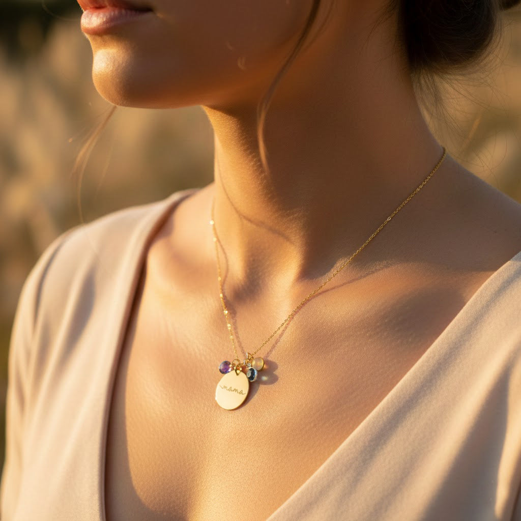 woman wearing personalized mama birthstone necklace with engraved disc pendant and three custom gemstones representing her children’s birth months, including amethyst, peridot, and clear quartz; meaningful mom necklace with optional child name engraving, handcrafted in 14k gold filled, rose gold filled, or sterling silver; perfect Christmas gift, holiday gift, Mother’s Day present, or sentimental keepsake for moms and grandmas