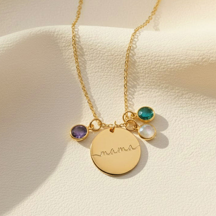 mama birthstone necklace in gold featuring engraved “mama” disc with child name engraved option and three custom birthstones — amethyst for February, emerald quartz for May, and clear quartz for April; personalized mom necklace handcrafted in 14k gold filled, rose gold filled, or sterling silver; meaningful family jewelry perfect for Mother’s Day, new mom gift, Christmas gift, or holiday present for moms or grandmas who love dainty custom jewelry