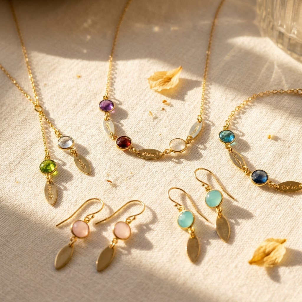 Personalized mother’s necklace with name charms, birthstones, and matching earrings displayed on soft neutral background.