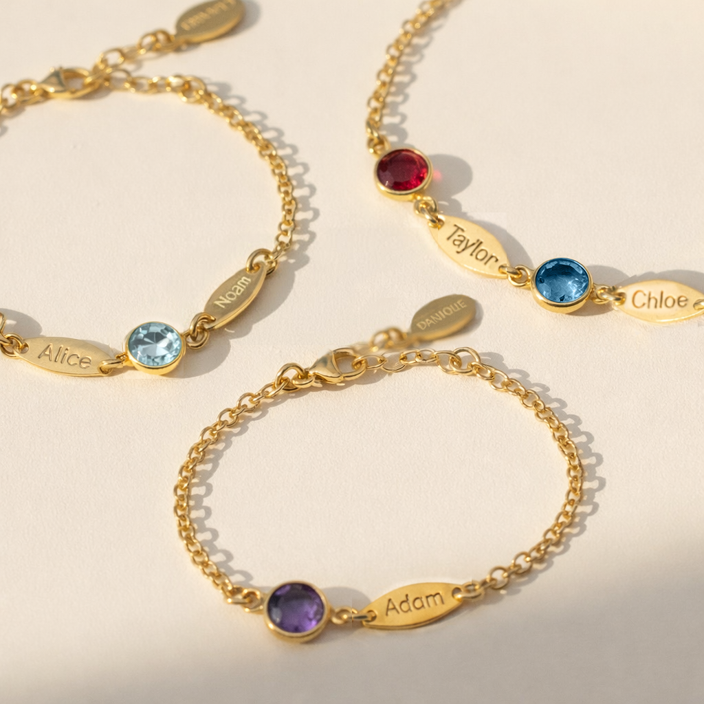 Custom birthstone bracelet with engraved initial double leaf charm in yellow gold, dainty personalized family bracelet gift for mom, grandma, sister, or bridesmaid