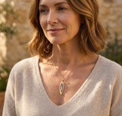Woman wearing marquise birthstone pendant necklace, dainty personalized jewelry with tiny gemstones for everyday wear