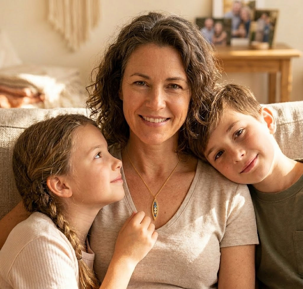 Mom wearing mothers' necklace with tiny birthstones representing her kids in gold