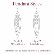 Pendant style chart for personalized marquise birthstone necklace showing mama design and initials design options