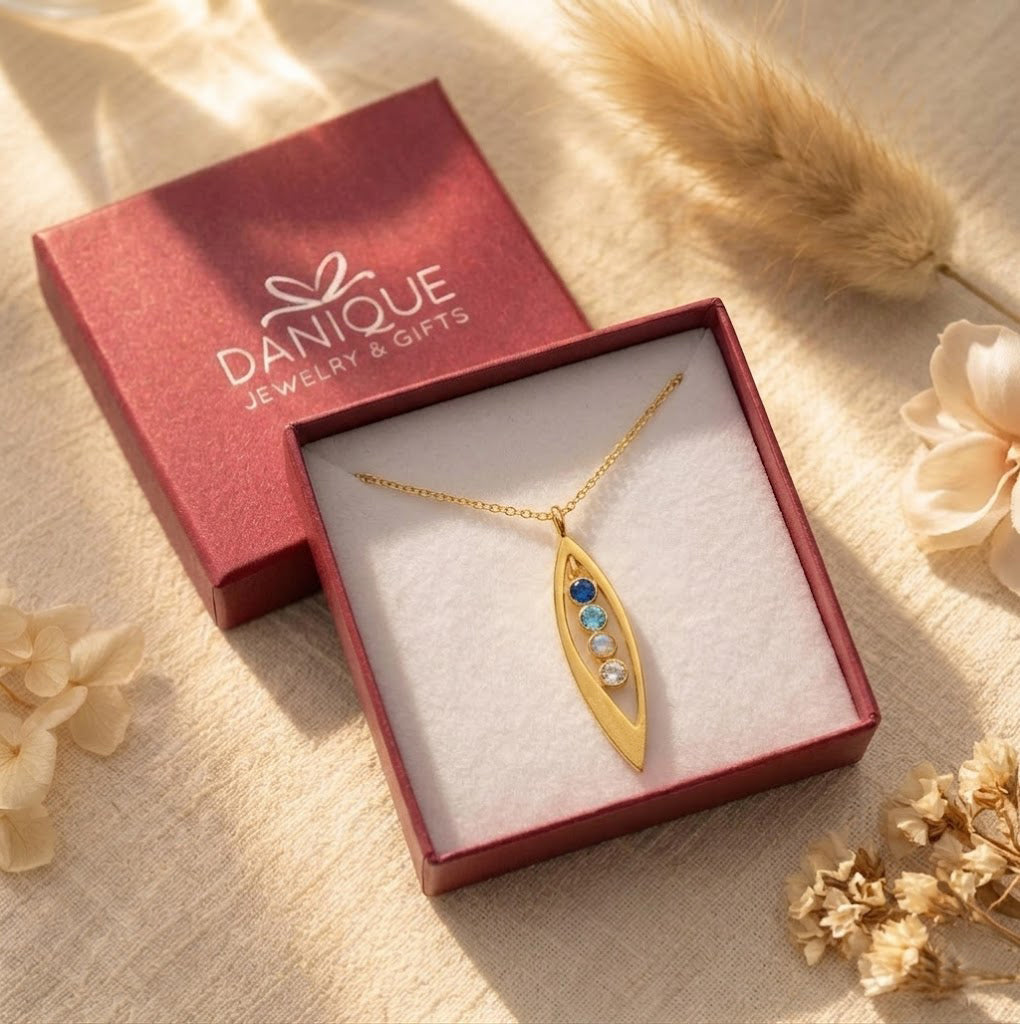 Gift-ready marquise birthstone necklace in Danique Jewelry box, custom family necklace ready for gifting