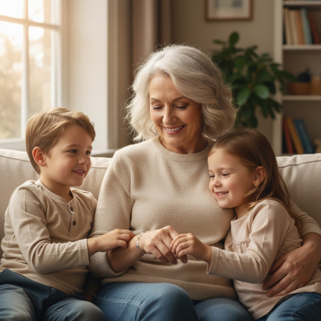 Grandmother with children, custom birthstone bracelet with engraved tags as a meaningful family gift for grandma or mom
