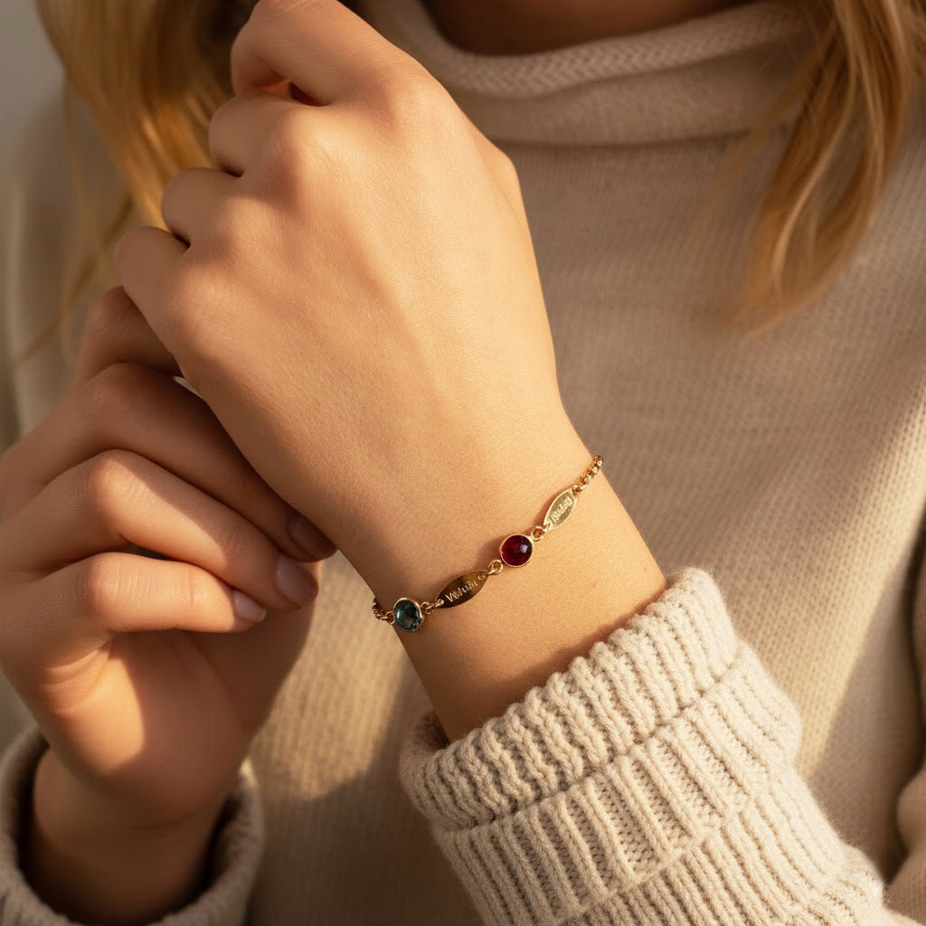 Woman wearing personalized birthstone bracelet with engraved name tags, dainty custom bracelet for mom, bridesmaid, or everyday jewelry