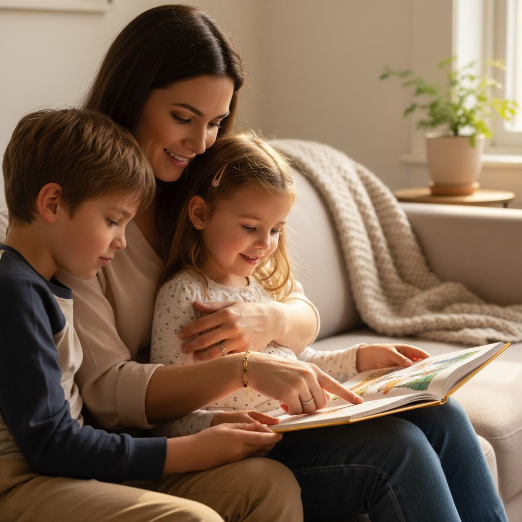 Mother reading with children, meaningful personalized birthstone bracelet gift for mom, sentimental family jewelry lifestyle image
