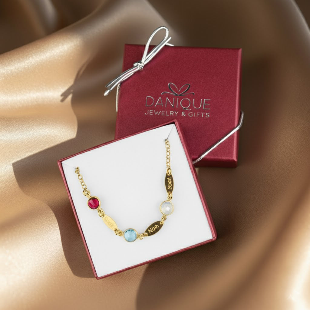 Danique Jewelry gift box with personalized birthstone bracelet ready for gifting.