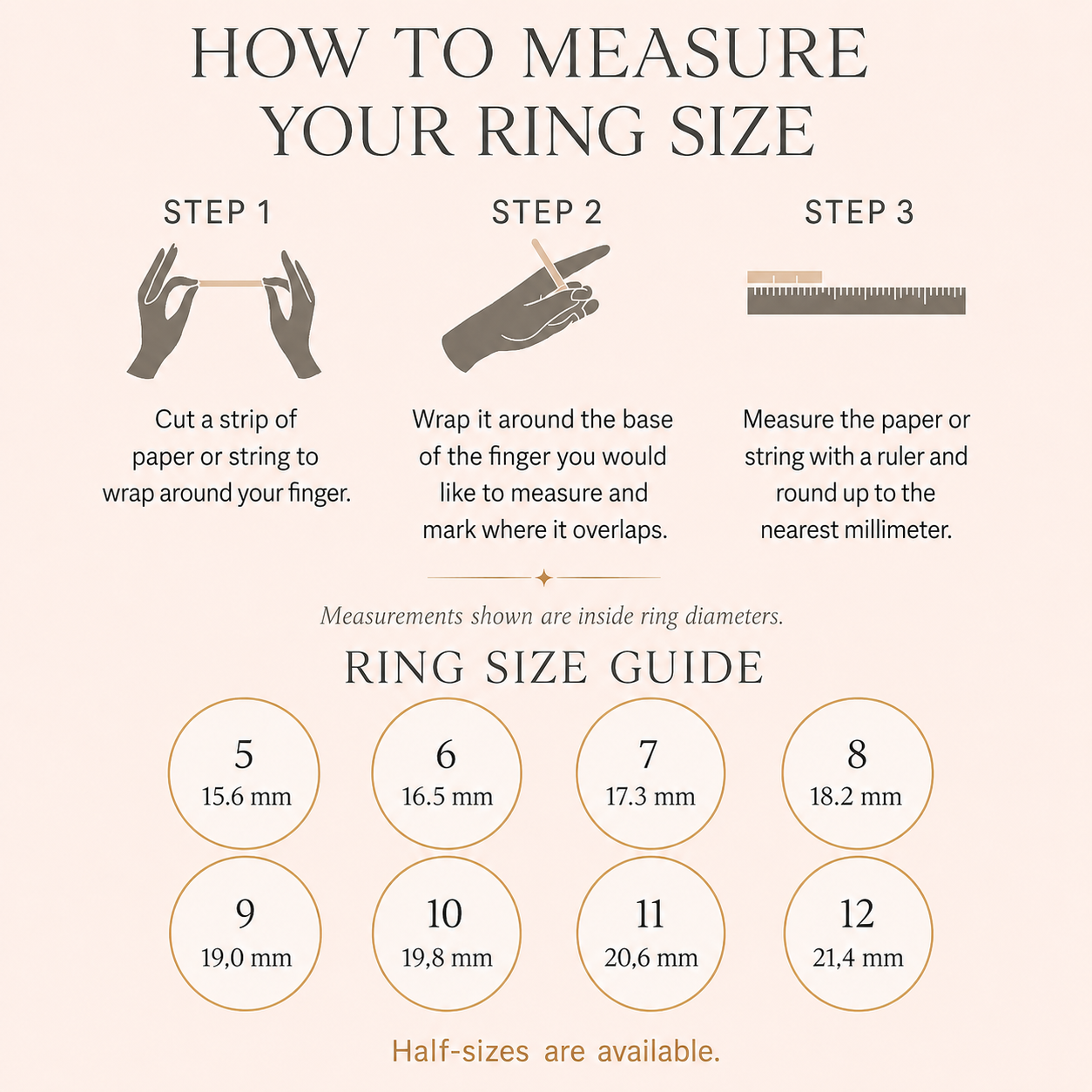 Ring size guide showing how to measure ring size for cushion gemstone rings with available US sizes.