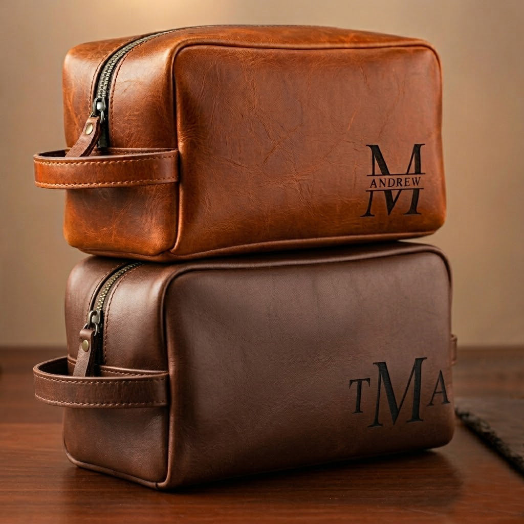 Personalized men’s leather toiletry bags in cinnamon and espresso brown, engraved with monograms and initials, ideal as custom engraved dopp kits for groomsmen, anniversary gifts, or Father’s Day presents. Classic handmade leather design with durable zipper and travel-friendly handle.
