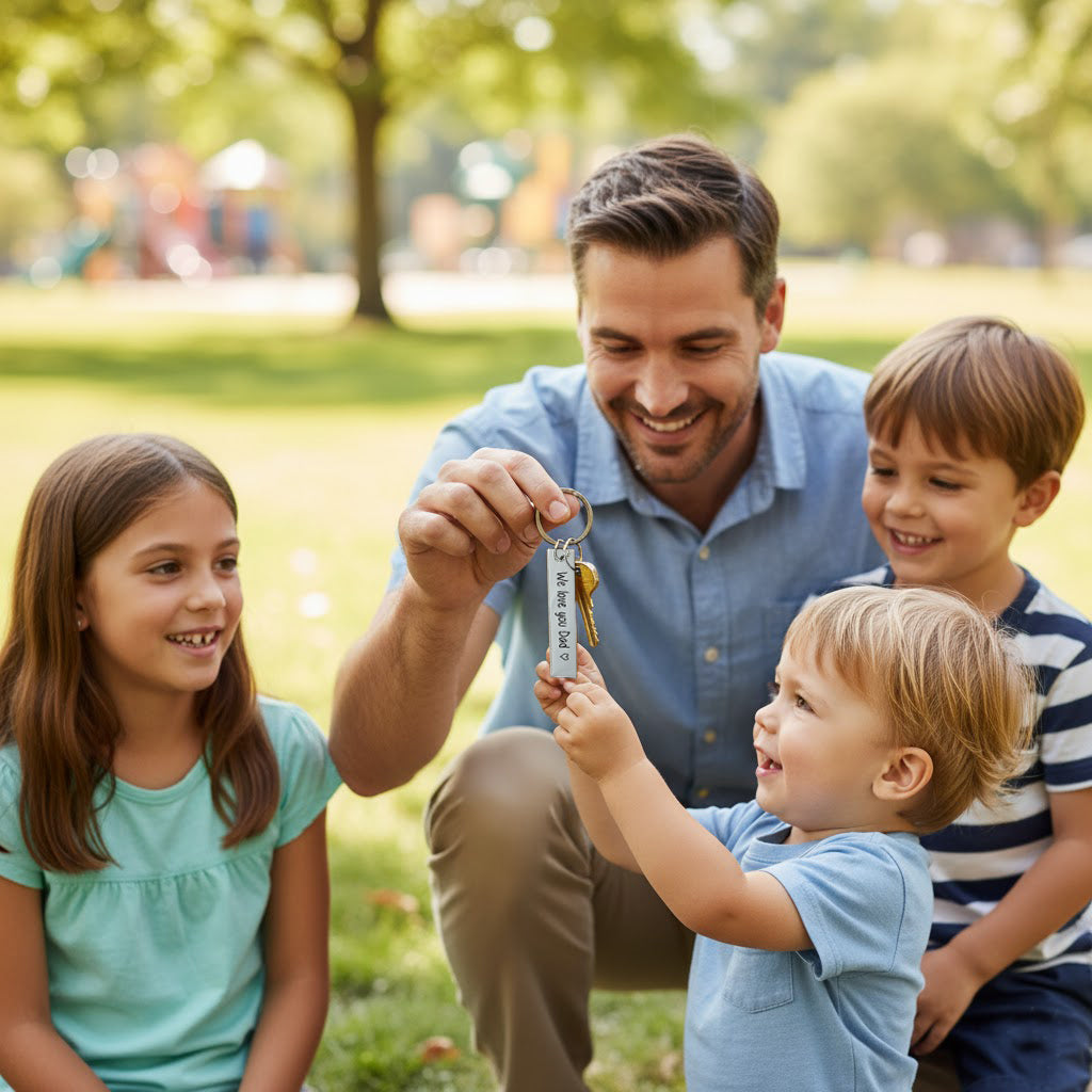 Smiling dad with two kids outdoors holding personalized bar keychain, custom engraved GPS coordinates keyring shown as sentimental Father’s Day or new dad gift