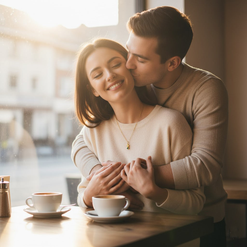 Lifestyle image of woman wearing custom birthstone bar necklace, meaningful couple and family jewelry gift celebrating children and loved ones with personalized gemstones.