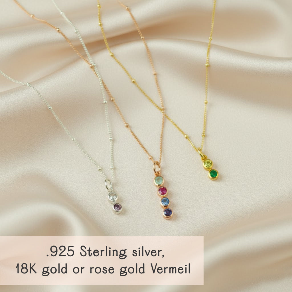 Custom birthstone bar necklaces displayed in sterling silver, yellow gold filled, and rose gold filled, personalized with family birthstones, minimalist necklace gift for mom.