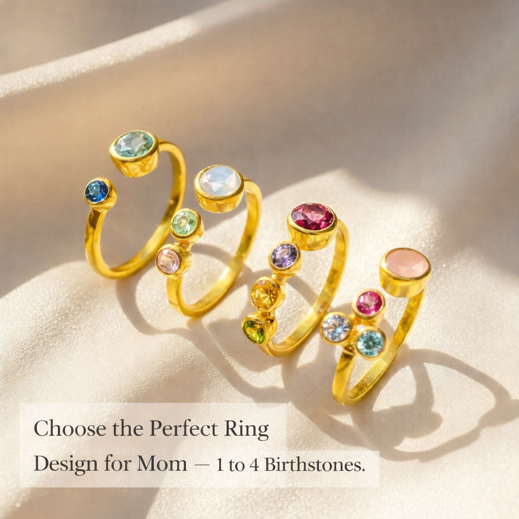 Adjustable custom birthstone rings for mom in different stone counts from one to four children, family ring with diamond, opal, citrine, and blue topaz, personalized jewelry gift for Mother’s Day or anniversary.