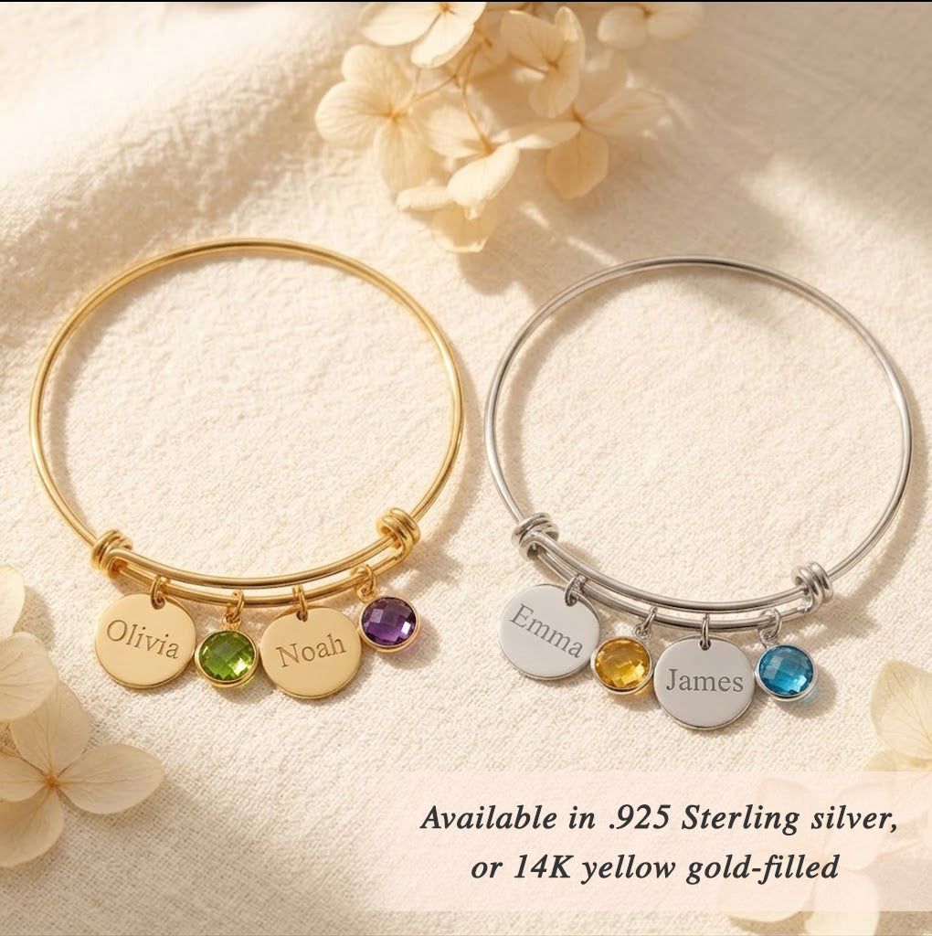 custom birthstone bangle bracelet with names, personalized jewelry for couples or bridesmaids, gold filled or sterling silver bracelet