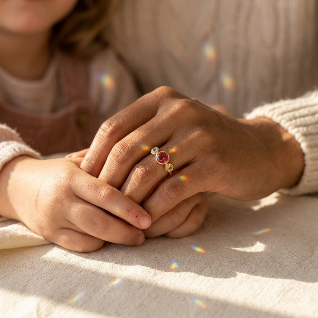 Dainty mother ring with three birthstones, minimalist gold family ring