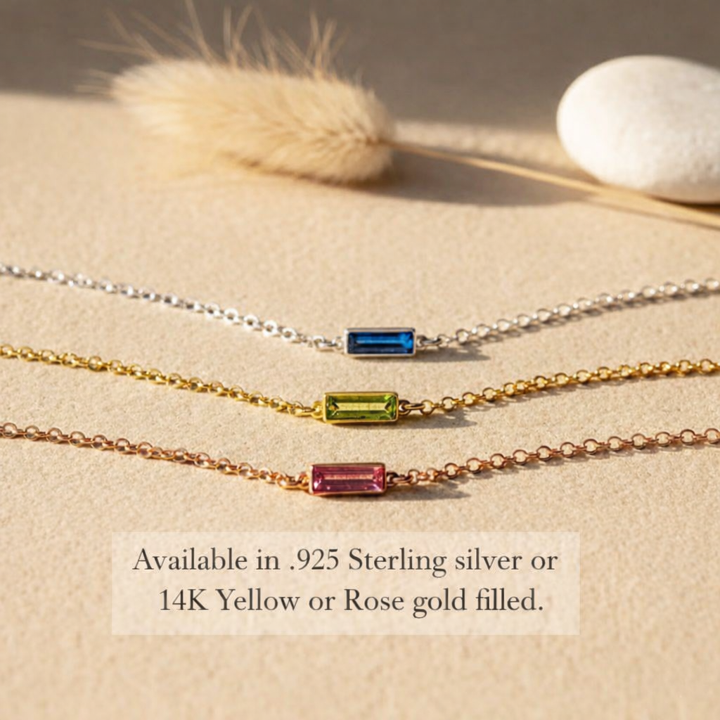 Custom engraved birthstone bracelet available in .925 sterling silver, 14K yellow gold filled, or 14K rose gold filled, minimalist rectangular gemstone bar design personalized for one child or multiple birthstones for mom or grandma gift.