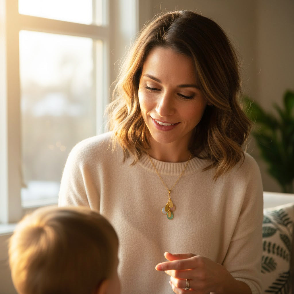 Smiling young mom wearing a custom birthstone mom necklace while playing with her child in a cozy sunlit living room, showing how the gold filled chain and clustered teardrop birthstones with engraved name charms sit at the perfect everyday length. Meaningful personalized family necklace with kids’ birthstones, a sentimental Mother’s Day, birthday or Christmas gift for mom, new mom or grandma.
