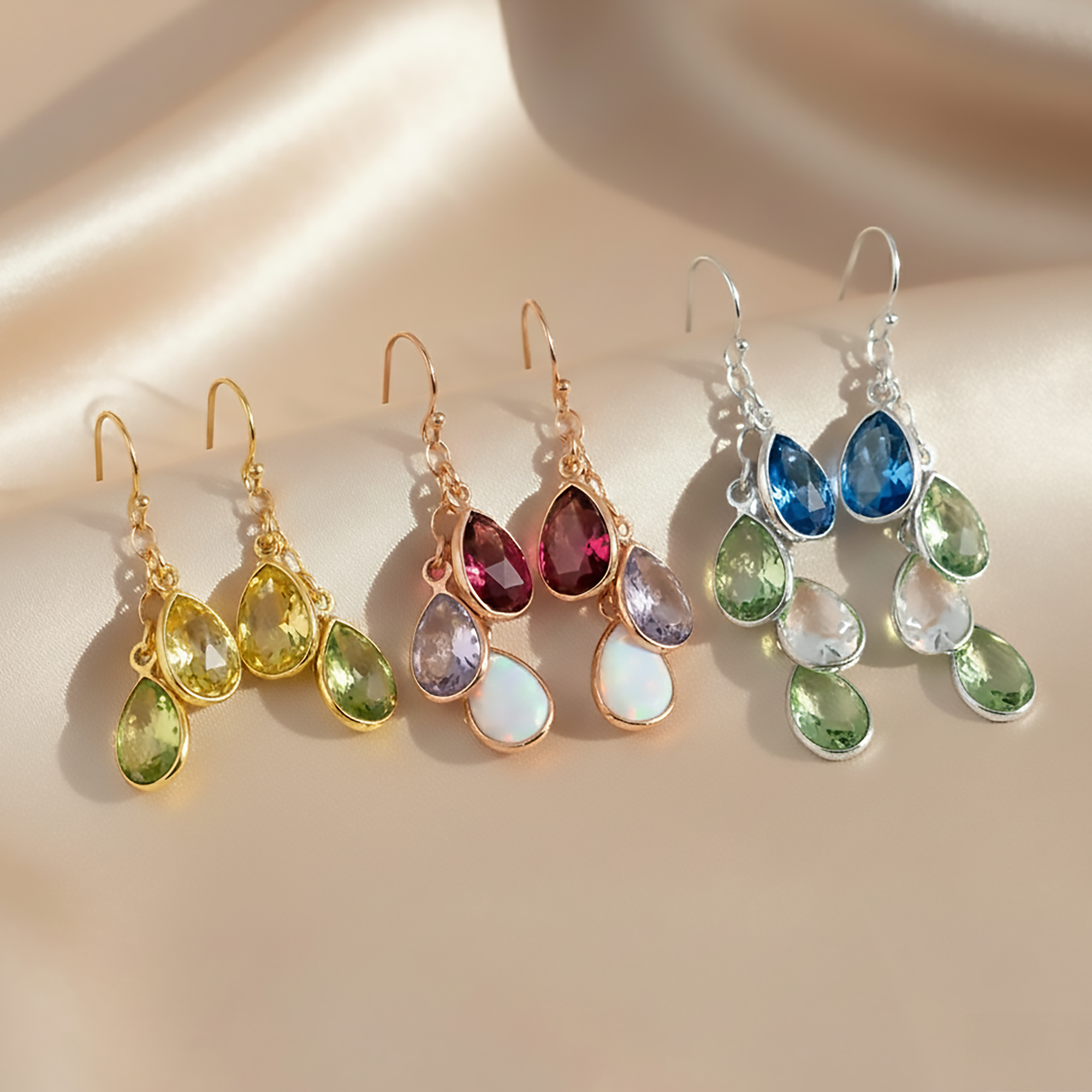 Custom mother’s birthstone earrings featuring teardrop gemstones personalized to represent children or grandchildren, handcrafted in sterling silver or gold filled metal as meaningful family jewelry for Mother’s Day or birthdays.
