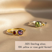 Gold and sterling silver double birthstone rings on satin background with gemstone options, customizable mom birthstone ring, dainty stacking mother’s jewelry