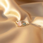 Sterling silver double birthstone ring with pink and aqua gemstones, dainty minimalist family jewelry, personalized mother’s ring for kids’ birthstones