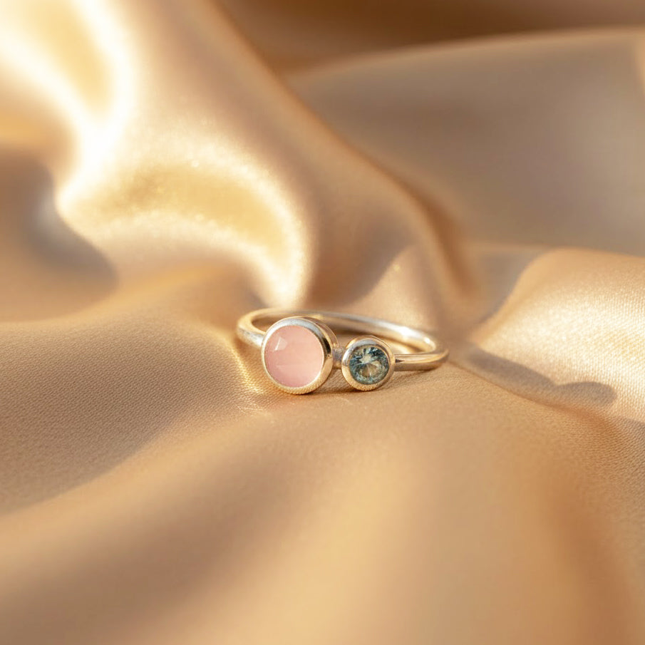 Sterling silver double birthstone ring with pink and aqua gemstones, dainty minimalist family jewelry, personalized mother’s ring for kids’ birthstones