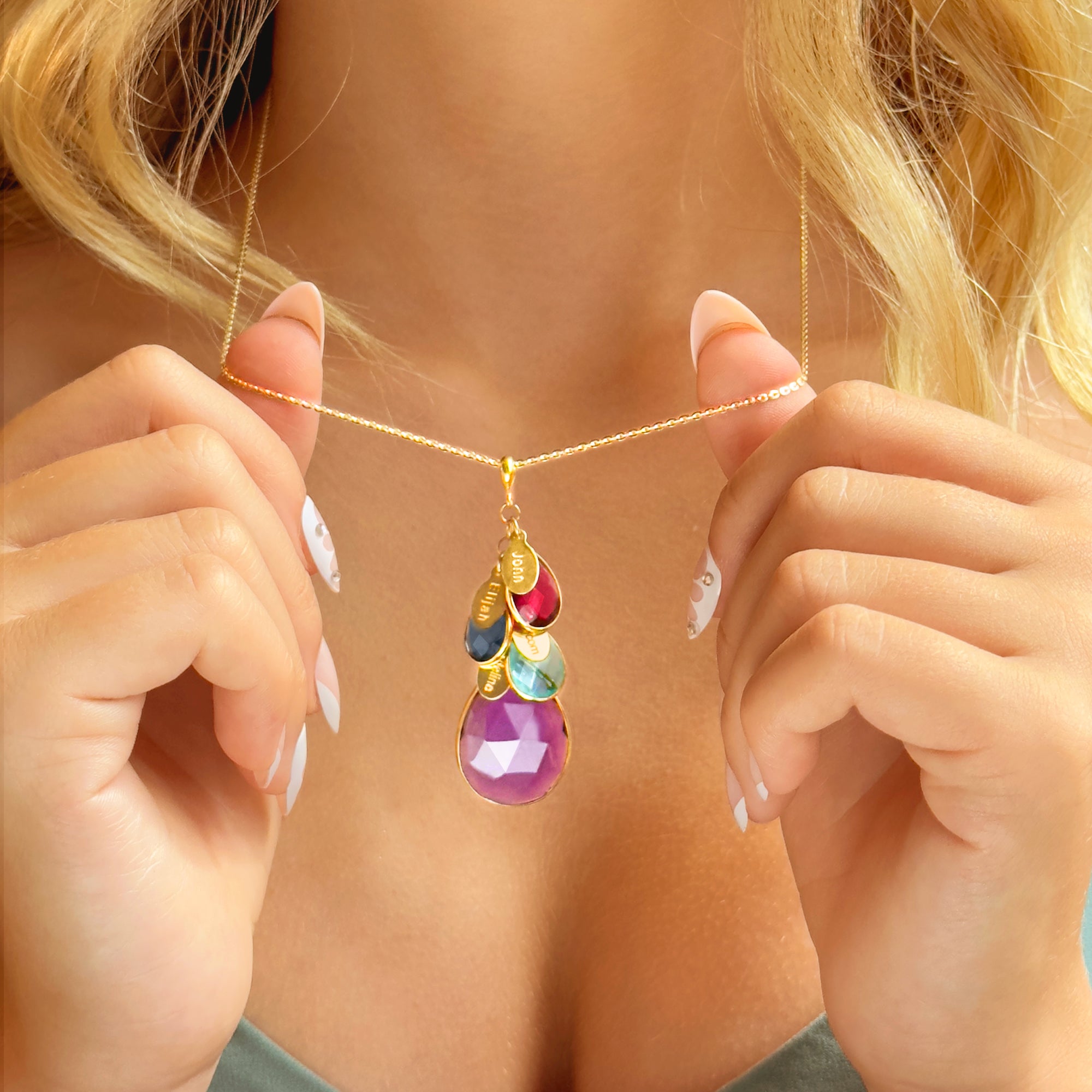 Cascade with Mother's Birthstone & Children's Birthstones With Name Charms