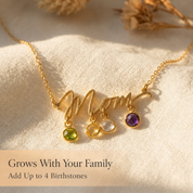 Gold Mom necklace with round birthstone charms and text explaining it grows with your family and can include up to four stones.
