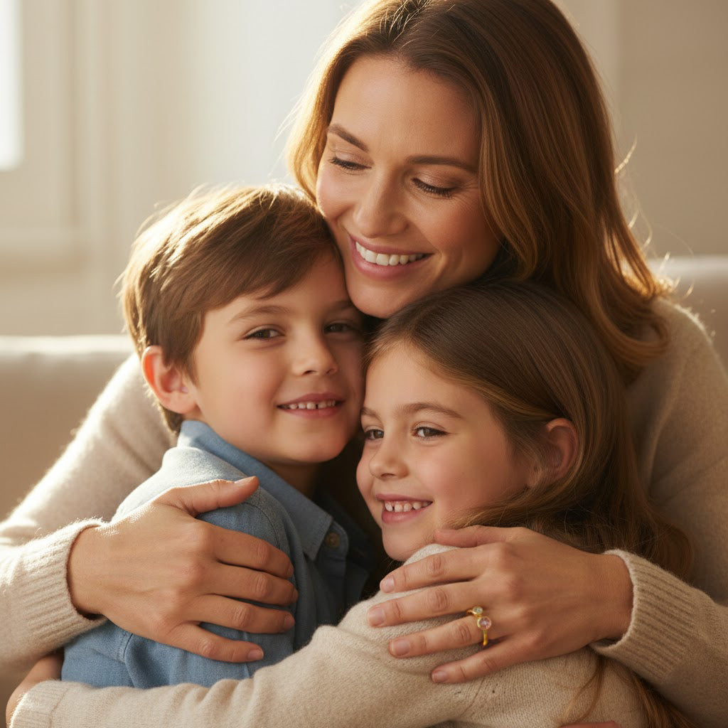 mother wearing custom birthstone ring with children family jewelry meaningful mom gift personalized birthstone ring for mother and kids